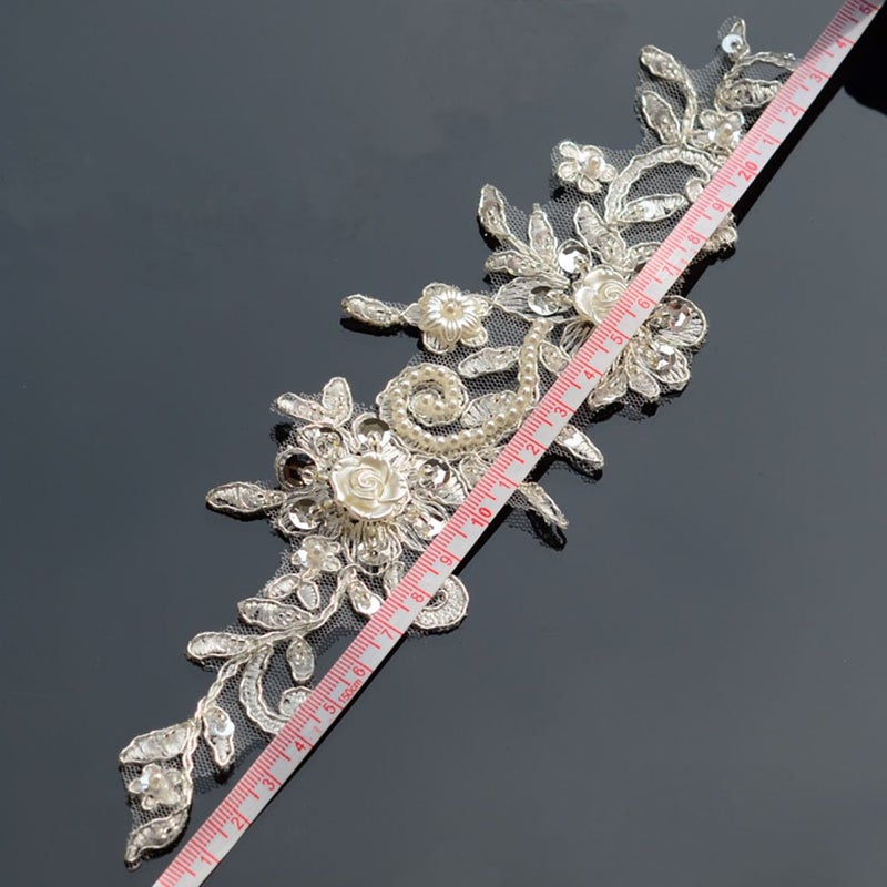Zthread Bling Paillette Rhinestones Lace Appliques Pearl Beaded Bridal Applique Sewing Patch for DIY Wedding Belt Shoes Ivory (2 Pieces) - Image 3